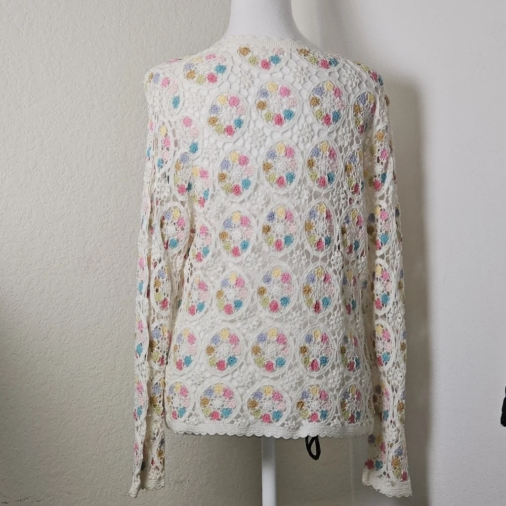 Floral Lace Crochet Button Down White Cardigan Sz SM- Med